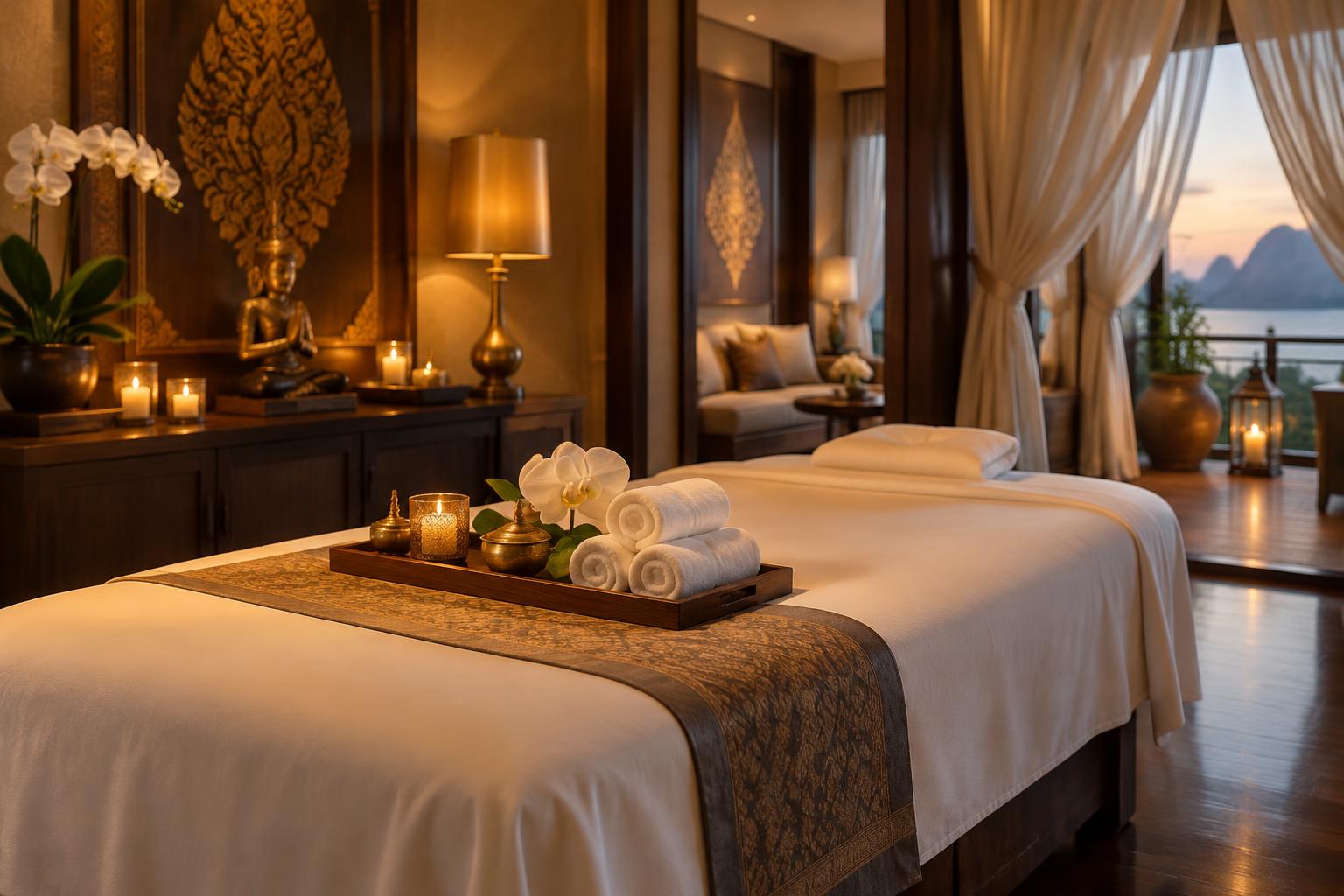 Premium massage bed in a warm, candlelit luxury Thai spa suite
